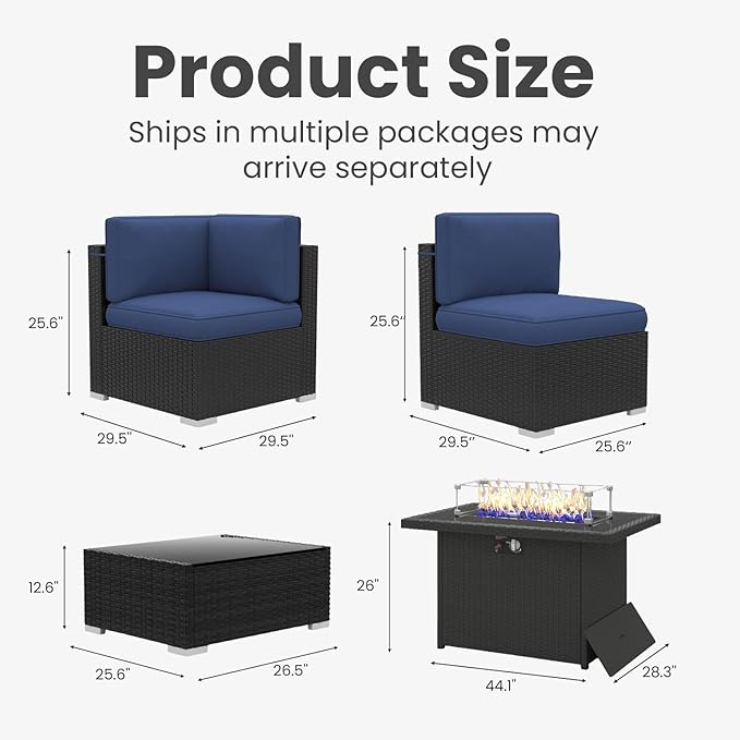 10 Pieces Patio Furniture Set with 44" Propane Gas Fire Pit Table, Outdoor Sectional Wicker Conversation Sofa Sets with Coffee Table