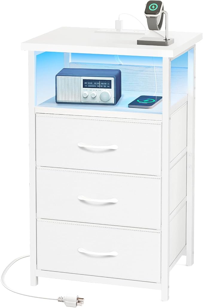 Fixwal White Nightstand with Charging Station, LED Night Stand with 3 Fabric Drawers and Open Shelf, Bedside End Table in Bedroom by Fixwal
