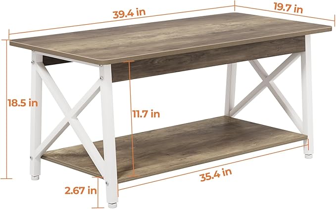 GreenForest Coffee Table with Round Corner, 39.4'' Modern Living Room Table with 2 Tier Storage Shelves, Rustic Industrial Sturdy Center Table Space Saving Easy Assembly, White Gray Wash