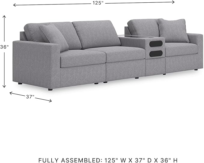Signature Design by Ashley Modmax Casual Modular Stain Resistant 4-Piece Sectional with Audio Console, Drawer Storage, USB Ports and 2 Accent Pillows, Gray