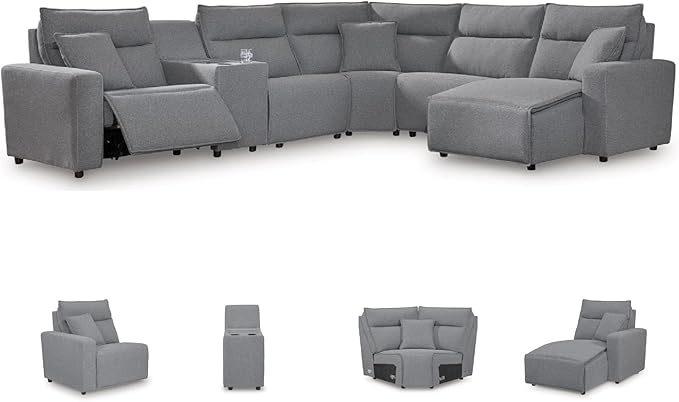Signature Design by Ashley Modern ModMax II Stain Resistant L-Shape Right-Arm Facing 6-Piece Power Reclining Sectional with Adjustable Headrest and USB Charging Ports, Gray