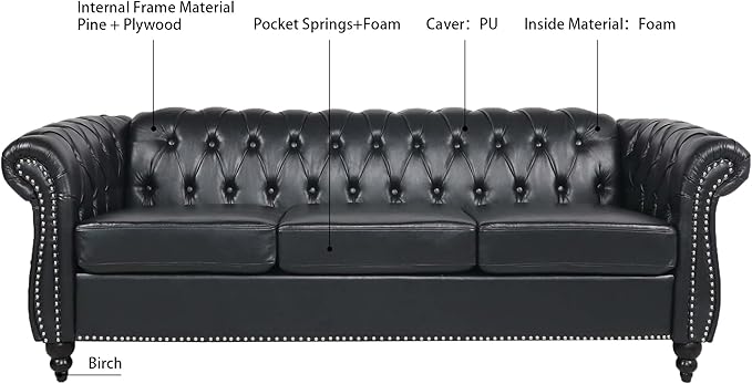 ERYE 84.5-Inch Classic 3 Seat Chesterfield Sofa Couches for Living Room Bedroom, 3 Seaters Button Tufted Faux Leather Upholstered Chesterfield Sofa Couch,Wood Legs | Button Tufted, Easy to Assemble, Nailhead, Removable Cushion
