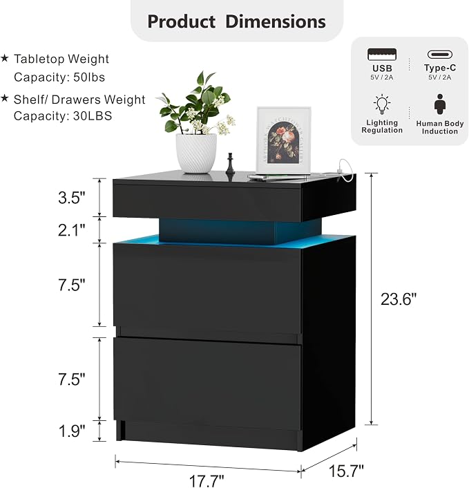 LED Nightstand - Bedside Table with Charging Station and 2 Shiny Surface Drawers Sliding Top with Magnetic Lock - Modern Night Stand for Bedroom & Living Room - Black - Image 2