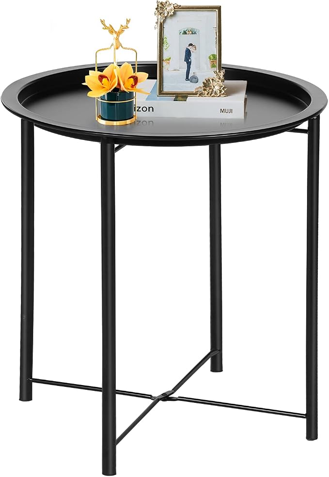 VECELO Side/End Table, Folding Round Metal Anti-Rust and Waterproof Outdoor or Indoor Tray for Living Room Bedroom Balcony and Office, 1 PCS, Black by VECELO