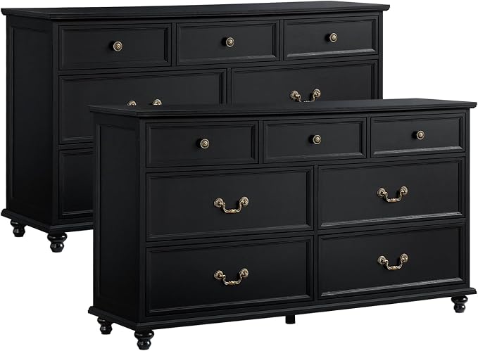 Joaxswe Farmhouse 7 Drawers Dresser Sets of 2 for Bedroom, Black 54 Inch Wide Chest of Drawers w/ 4 Wooden Legs, Large Vintage Rustic Closet Dressers for Living Room, Wood TV Stand by Joaxswe