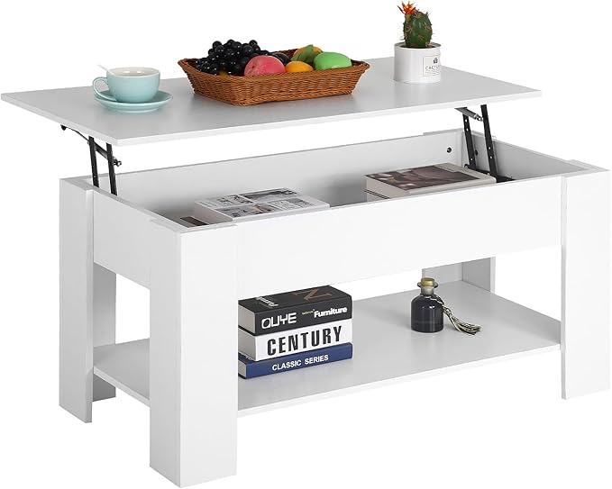 PayLessHere Coffee Table Lift Top Coffee Tables with Hidden Compartment and Storage Shelf Wooden Lift Tabletop Dining Table for Living Room Home (White, 39" D x 28" W x 24" H)