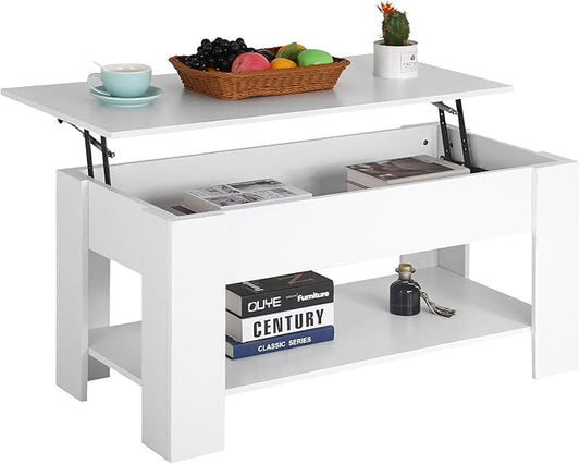 PayLessHere Coffee Table Lift Top Coffee Tables with Hidden Compartment and Storage Shelf Wooden Lift Tabletop Dining Table for Living Room Home (White, 39" D x 28" W x 24" H)