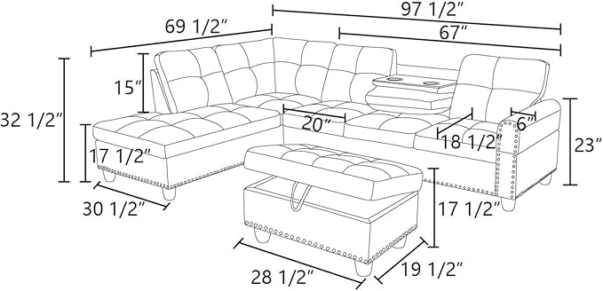 L-Shape Sofa with Storage Ottoman & Reversible Coffee Table, Linen Sectional Couch with Left Chaise, 3-Piece Sofa Set for Living Room, Upholstered Couch Set with Solid Wood Frame, Black Grey