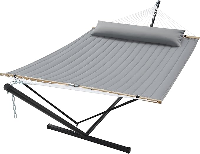 SUPERJARE Hammock with Stand, 2 Person Quilted Outdoor Hammock, Detachable Pillow & Bamboo Spreaders, Portable Hammock with Carrying Bag, Heavy Duty Stand, Perfect for Outside, Patio, Gray by SUPERJARE
