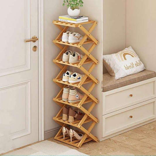 Foldable Shoe Rack, Bamboo Vertical Shoe Organizer Tall for Small Spaces. Multifunctional Narrow Shoe Shelf for Entryway, Closet, Corner, Bedroom, Hallway, Wood Color 7 Layers by XZXWZX