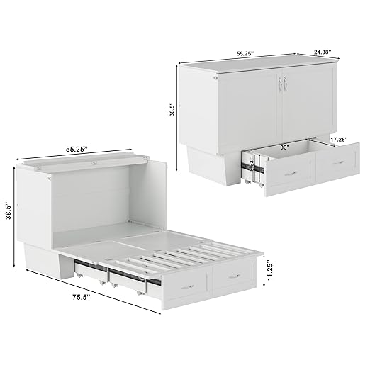 AFI, Chelsea Mid-Century Modern Full Wood Murphy Bed Chest with 6" Mattress, Storage Drawer & Built-in USB Charger, White