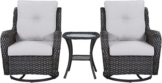 Rilyson Wicker Rocking Chair Swivel Chairs - 3 Piece Rocker Patio Furniture Set Rattan Rocking Bistro Sets with Glass Top Side Table for Outdoor Porch Deck Garden Backyard (Brown/Beige)