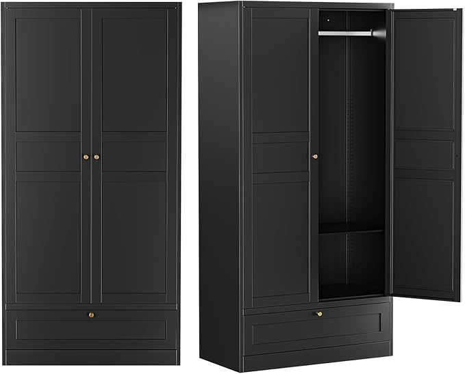 Metal Wardrobe Armoire Wardrobe Closet with Drawers Clothing Locker Steel Wardrobe Cabinet Metal Storage Cabinet 2 Door Closet Cabinet with Hanging Rod for Home Office Bedroom 72" X 36" X 18" Black