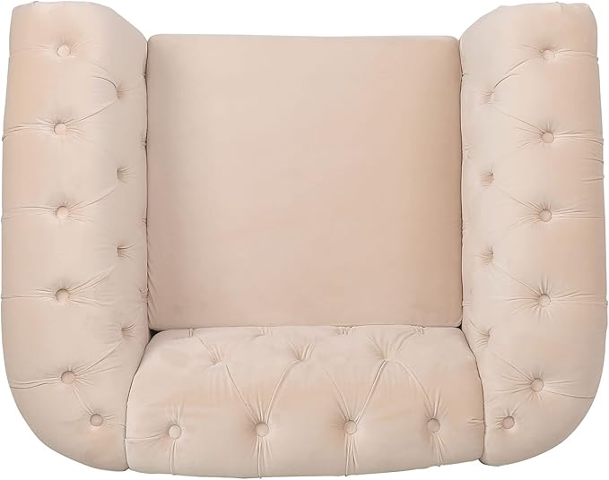 LEVNARY Velvet Chesterfield Chair, Mid-Century Modern Single Sofa Chair with Button Tufted Backrest and Nailhead Decor, Tufted Upholstered Rolled Armchair for Home Bedroom Reading Room (Beige)