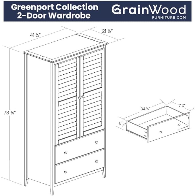 Grain Wood Furniture Greenport 2-Door Wardrobe, Solid Wood with a Brushed Driftwood Finish