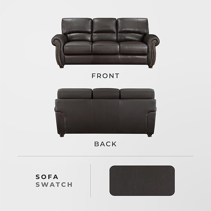 Lexicon Leather Match Couch for Living Room with Wood Frame, Rolled Armrest & Nailhead Trim, Top Grain Leather Match Sofa for Bedroom, Office, Waiting Room, 3-Seater Sofa, Dark Brown