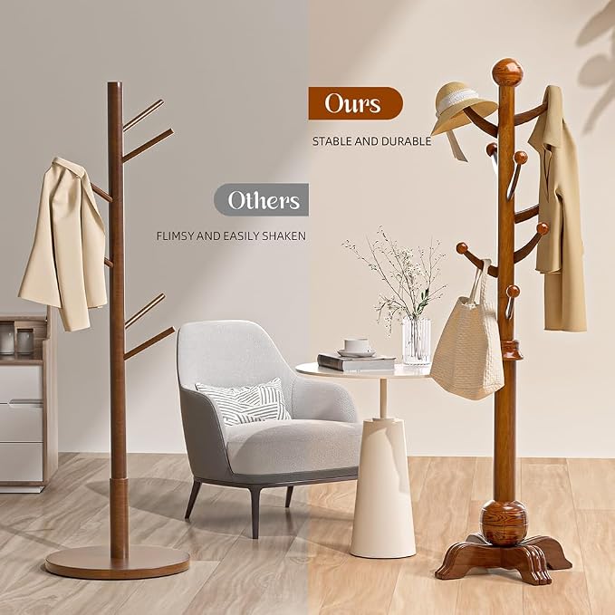 Hall Tree, Freestanding Wood Tree Rack with 7 Hooks, Coat Rack with Stable Sphere Base, Wooden Coat Rack Stand, Load 210 lb, Coat Hanger Stand for Entryway, Hallway, Bedroom, H:72 in, Walnut - Image 5