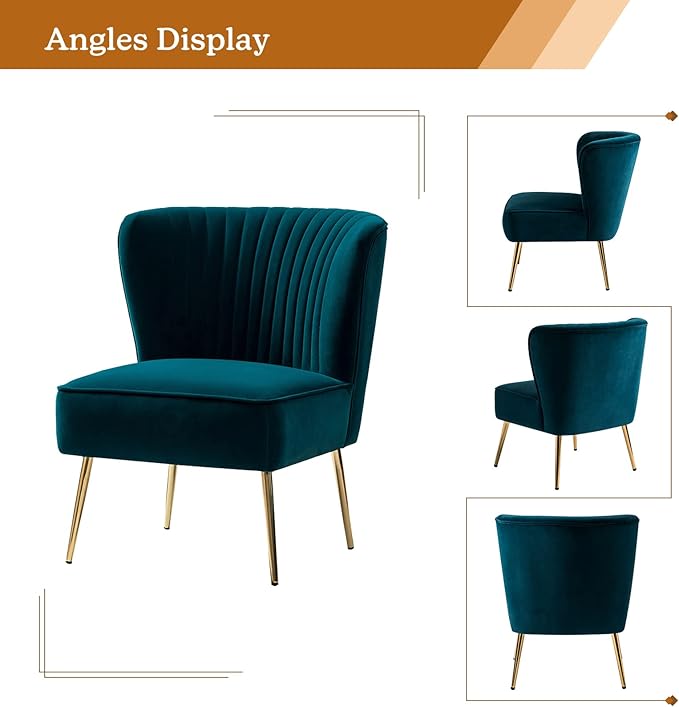HULALA HOME Velvet Accent Chair, Modern Upholstered Cute Side Chair with Gold Metal Legs, Armless Wingback Slipper Chair Comfy Living Room Chair for Bedroom Guest Room Vanity, Teal