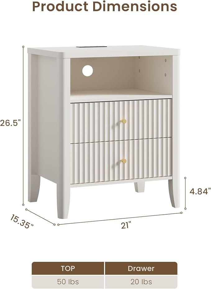 Nightstand with Charging Station, 21" Fluted Bedside Table with 2 Drawers & Open Shelf, Modern End Table with Storage for Bedroom, Alabaster White - Image 2