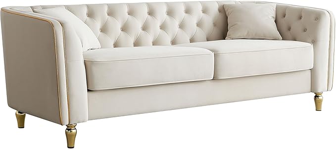 KEIKI 87" Chesterfield Velvet Button Tufted Sofa with High Density Foam Cushions, Modern Style 3-Seater Couch with Gold Strip Trim Decoration, Easy Assembly, for Apartment, Living Room, Office, Beige