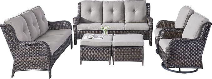 Rilyson Wicker Patio Furniture Set - 6 Piece Rattan Outdoor Sectional Conversation Sets with 2 Rocking Swivel Chairs,2 Ottomans and 2 Sofa for Porch Deck Garden(Brown/Grey)