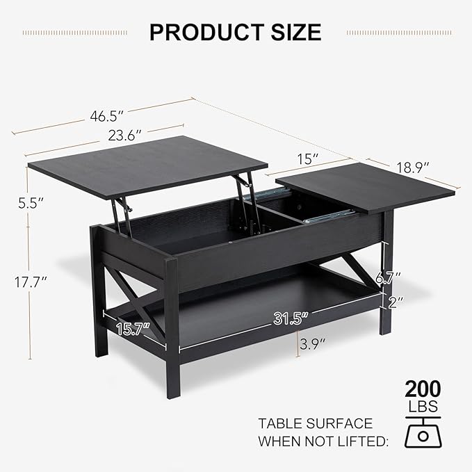 Lift Top Coffee Table with Storage, Small Coffee Table with Hidden Compartment, Dining Center Tables with Lifting Tabletop for Living Room, Home Office