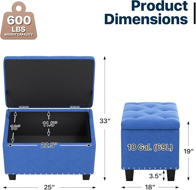 Magshion Storage Ottoman, 25 Inches Ottoman Foot Rest Stool with Hinged Lid, Ottomans with Storage for Living Room, Bedroom, Entryway, 600 lbs Capacity, Blue - Image 3