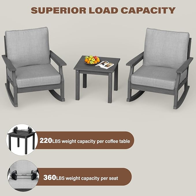 HDPE Patio Conversation Set, 3-Piece All Weather Outdoor Furniture Set with 2 Rocking Sofas for Deck, Lawn, with Cushion, Gray