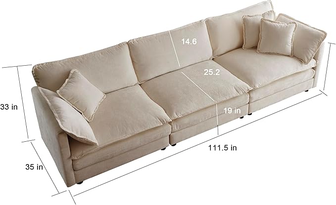 KEIKI Combination Sofa, Upholstered 3 Seater Couch, Oversized L Shaped Sectional Sofa with Reversible Ottoman for Living Room Bedroom Office, Beige