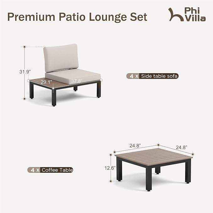 PHI VILLA 8 Pieces Outdoor Patio Furniture Set,Metal Frame Modern Outdoor Sectional Sofa Set,8 Seats with Umbrella Patio Conversation Sets,for Poolside and Backyard,Light Grey