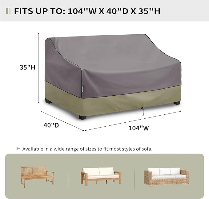 KylinLucky Extra Long Patio Sofa Cover 104 x 40 x 35 inches 600D, Heavy Duty Waterproof Outdoor Sectional Couch Cover with Air Vents Grey - Image 2