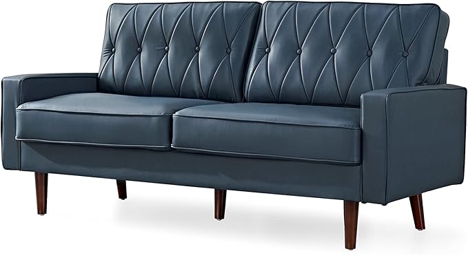 Container Furniture Modern Style Faux Leather Sofa with Elegant Round Tapered Legs and Button Tufted Backrest Perfect for Living Room, Bedroom or Home Office, 69.3’’ Wide, Blue