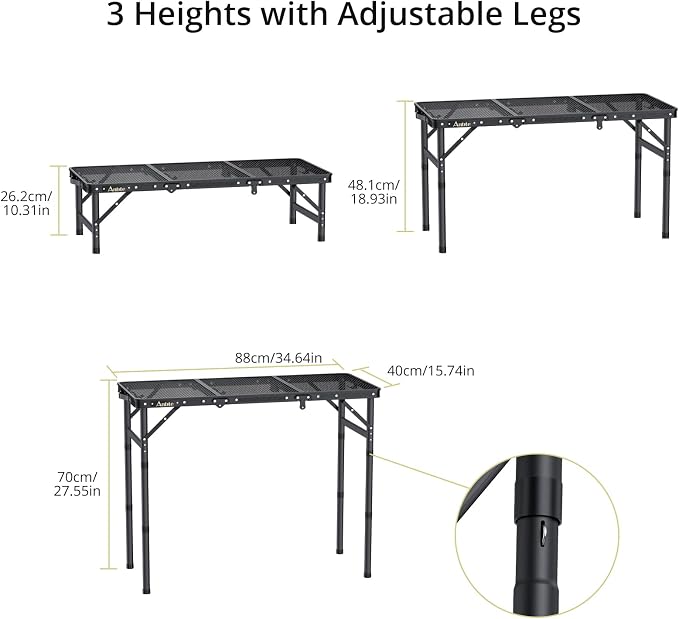 Anbte Folding Grill Table, 3ft Tri-Fold Aluminum Folding Table Adjustable Height Max 27.5" Grill Table with Mesh Desktop, Lightweight, Portable Handle for Outdoor Cooking BBQ Picnic (Black) - Image 3