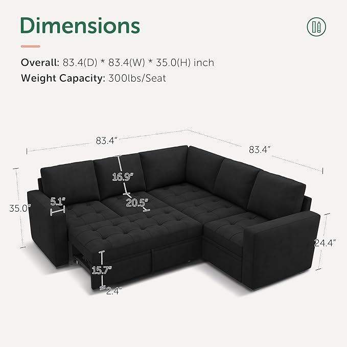 HONBAY Modular Sectional Sofa with Pull Out Bed Velvet Convertible L Shaped Couch with Storage Seat Sleeper Sectional Couches for Living Room,Velvet Black