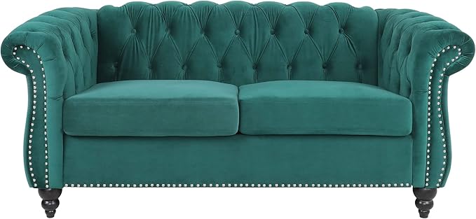 LEVNARY Velvet Sofa, Chesterfield Tufted Upholstered 2 Seater Couch, Modern Loveseat Couch Classic Furniture for Living Room Bedroom (Green)