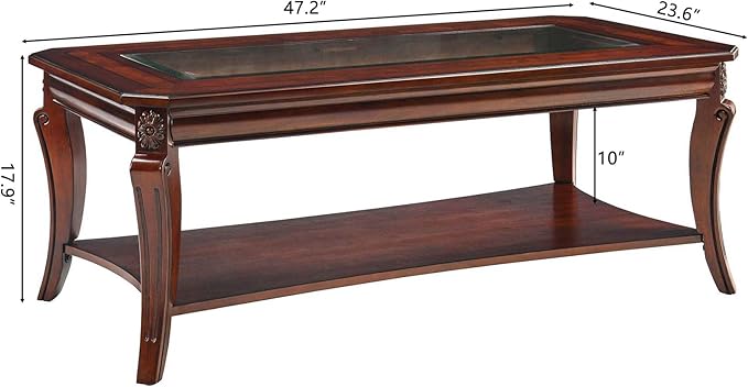 PADMA HOUSE Traditional Wood Coffee Table with Glasstop & Curved Legs, Rectangle Solid Wood Tea Table with Storage Shelf, 2-Tier Glass Center Tables in Cherry for Living Room,47.2 * 23.6 * 17.9in