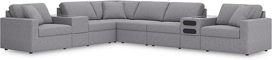 Signature Design by Ashley Modern Modmax Stain Resistant L-Shape Left-Arm Facing 8-Piece Sectional with Audio and Storage Consoles, Gray
