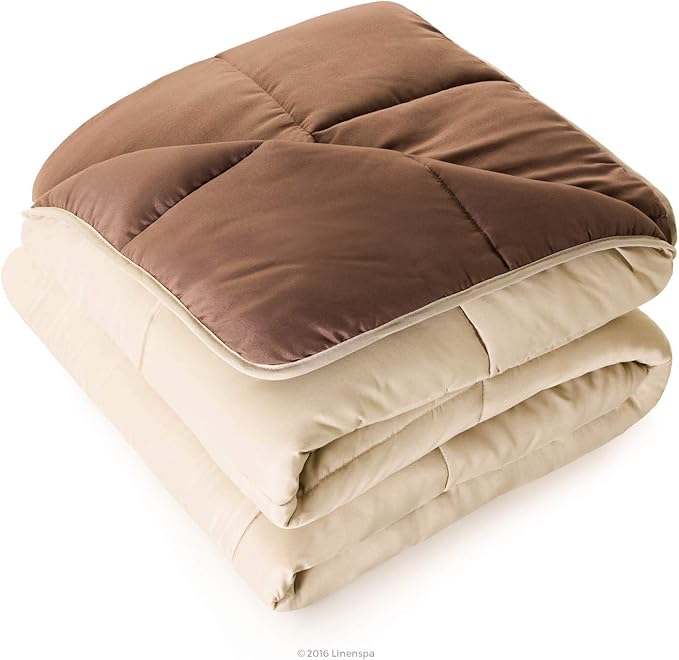 Linenspa Reversible Down Alternative Comforter and Duvet Insert, for Twin XL Size Bed – All-Season Comforter with Box Stitch and 8 Duvet Loops – Bedding for Kids, Teens, and Adults – Sand / Mocha