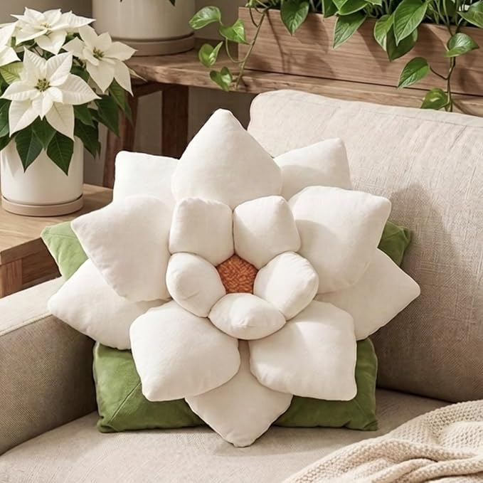 Green Philosophy Co. Poinsettia Pillow – Large Soft 3D Flower Throw Pillow, Marshmallow White Decorative Pillow for Couch & Bed, Cute Premium Gift for Plant Lovers, Star-Shaped