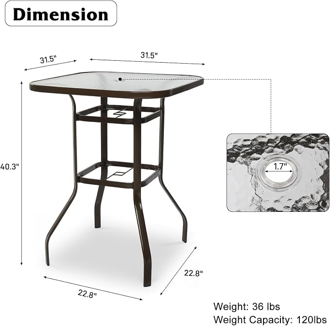 VINGLI Outdoor Bar Table with Umbrella Hole, Metal Patio Bar Height Pub Table for Patio High Top (Brown) - Image 3