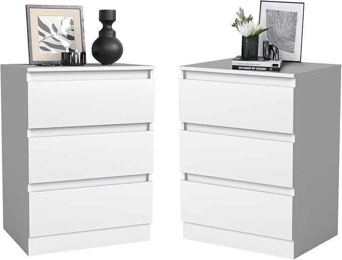 3 Drawer Nightstand Set of 2, Modern Bedside Table with Storage, Wooden End Side Tables with Drawers for Bedroom, Hallway, White by VibeDine