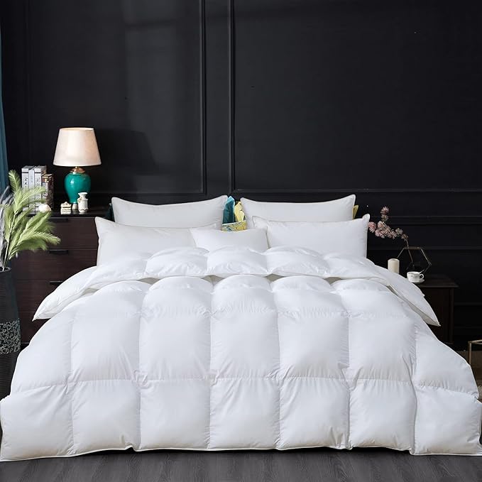 Luxurious Goose Down Feather Fiber Comforter Duvet Insert, Plain Solid Design,White 98 x 98, Premium Baffle Box 100% Egyptian Cotton, 70 oz Fill Weight,Oversize Queen