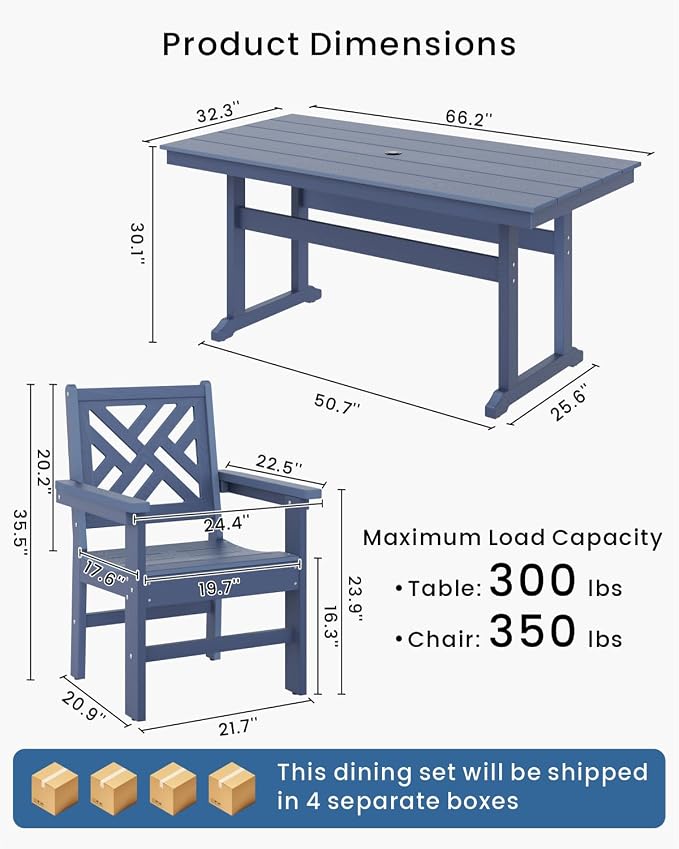 7-Piece Outdoor Dining Set, HDPE All-Weather Patio Table and Chairs Set for 6, Outdoor Patio Furniture Sets with Umbrella Hole for Outside, Deck, Backyard, Garden (Navy Blue) - Image 2