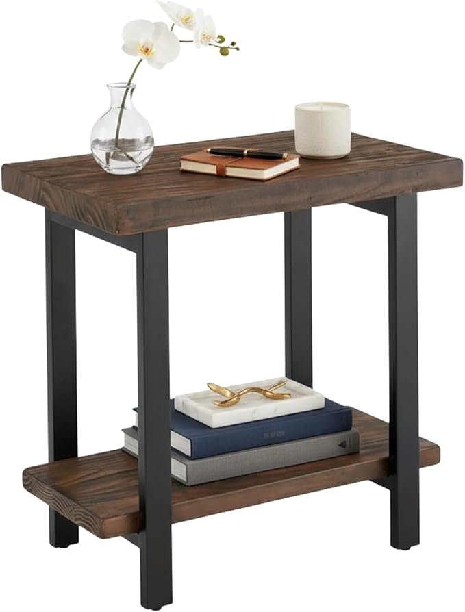 Alaterre Furniture Pomona Living Room Tables – 2-Tier Solid Wood End Table with Natural Finish and Metal Legs – Modern Farmhouse Accent or Home Décor (Rustic Brown)