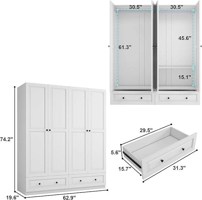 Armoire Wardrobe Closet with Drawers: 74" White Wardrobe Closet with 4 Doors, Bedroom Armoires with 2 Drawers, Wood Closets Cabinet for Hanging Clothes (White, 63")