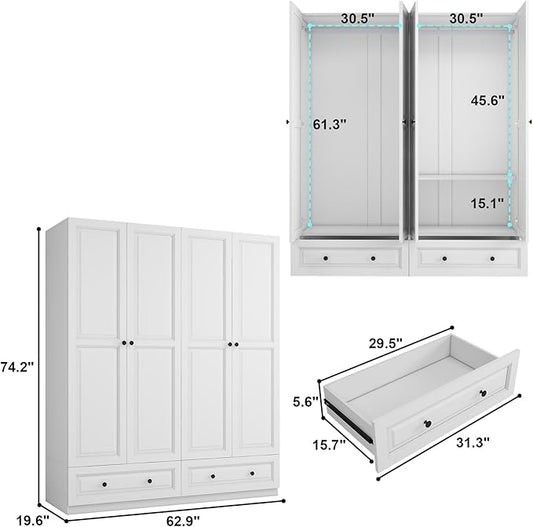 Armoire Wardrobe Closet with Drawers: 74" White Wardrobe Closet with 4 Doors, Bedroom Armoires with 2 Drawers, Wood Closets Cabinet for Hanging Clothes (White, 63")