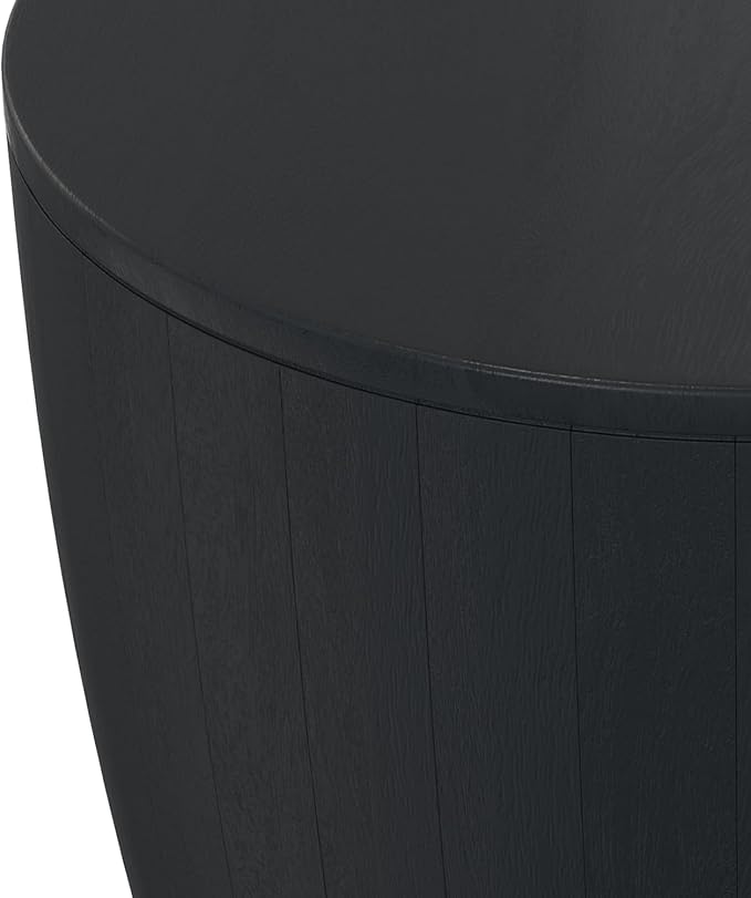 SIMPLIHOME Elmbrook End Table - 21 inch Wide Solid Mango Wood Round Drum Table with Vertical Panel Detailing in Black, Modern Nightstand or Plant Stand for Living Room or Bedroom, Assembled