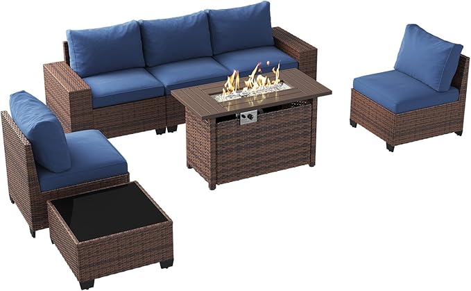 Aoxun Outdoor Patio Furniture Set with 44'' Fire Pit Table, 7 Pcs Outdoor Patio Furniture Sets with 4in Thicken Cushion, Widen Armrests Wicker Outdoor Sectional for Backyard (Waterproof Cover Include)