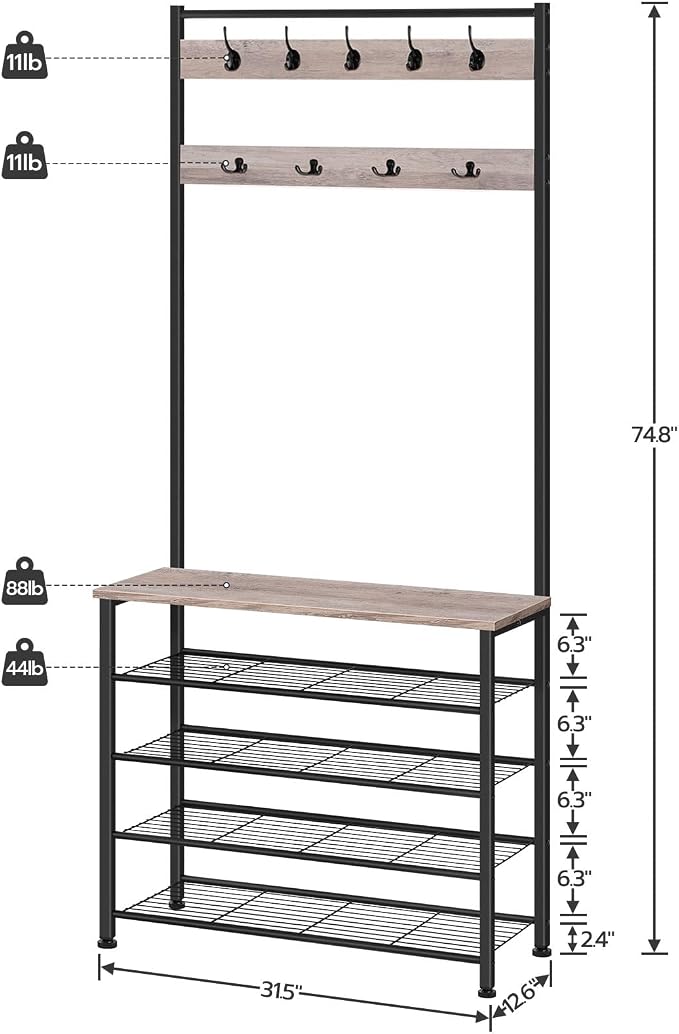 HOOBRO Hall Tree, Coat Rack with Shoe Rack, Hall Tree with Bench, 5 Tier Shoe Storage Organizer with 9 Hooks for Entryway, Closet, Sturdy, Industrial, Greige and Black BG80MT01G2 - Image 4