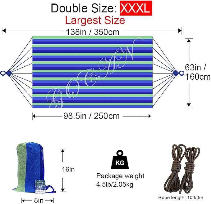GOCAN Brazilian Double Hammock 2 Person Extra Large Canvas 250x160cm Total Length 350cm Load 500lb Cotton Hammock for Garden Outdoor and Indoor Blue/Green(98 * 65'') - Image 3